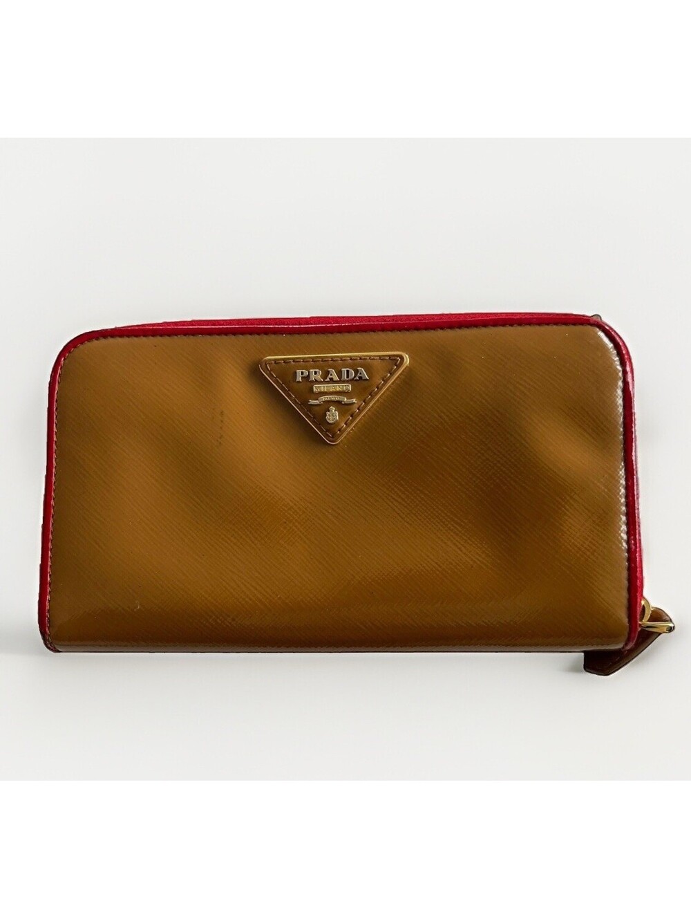 Vintage Prada Camel Saffiano Leather Red Zipper/ Zip Long Wallet Gorgeous AUTH